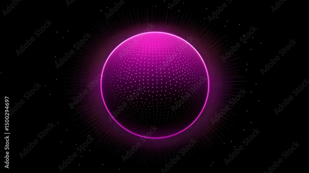 Poster rounded pink sphere and surrounding dots and circles, vector art style with gradient black backgroun