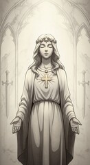 Serene Woman Statue with Star Diadem and Golden Cross in Light-Filled Setting