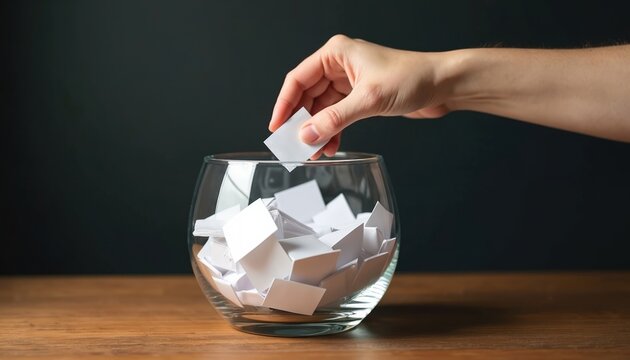 Hand reaching clear glass bowl filled white paper slips. Slip represents potential winner. Random selection, luck, chance concept, lottery, drawing, raffle. Business, finance, games, entertainment. - Powered by Adobe