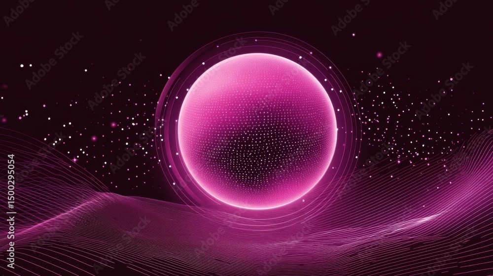Poster rounded pink sphere and surrounding dots and circles, vector art style with gradient black backgroun