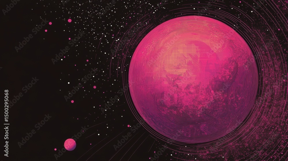 Poster rounded pink sphere and surrounding dots and circles, vector art style with gradient black backgroun