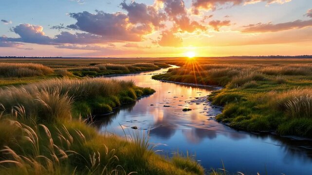 Scenic sunset over a flowing stream