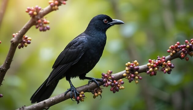 Asian koel bird perched on tree branch. Black male bird, red eye. Natural habitat. Focus on avian fauna species. Ornithology and wildlife concept. Nature landscape, green forest background.