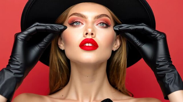 Mysterious Elegance: A striking model with a captivating gaze, adorned in dramatic makeup and holding the brim of a hat. A portrait of glamour, style, and a hint of enigma.