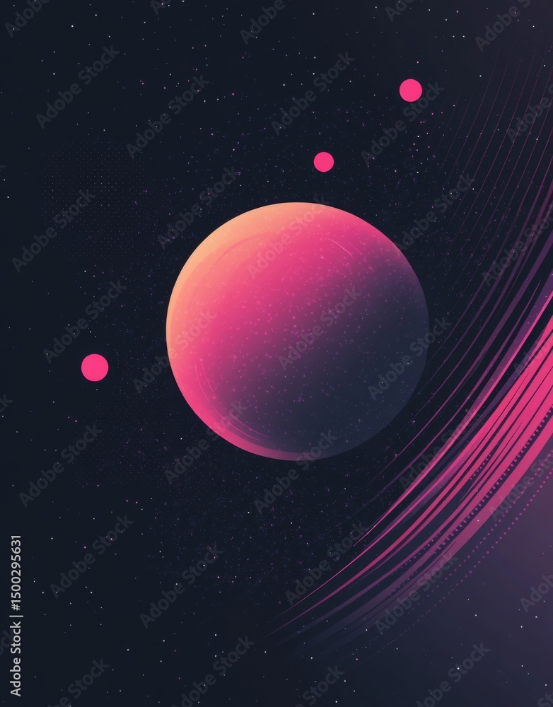 Poster rounded pink sphere and surrounding dots and circles, vector art style with gradient black backgroun
