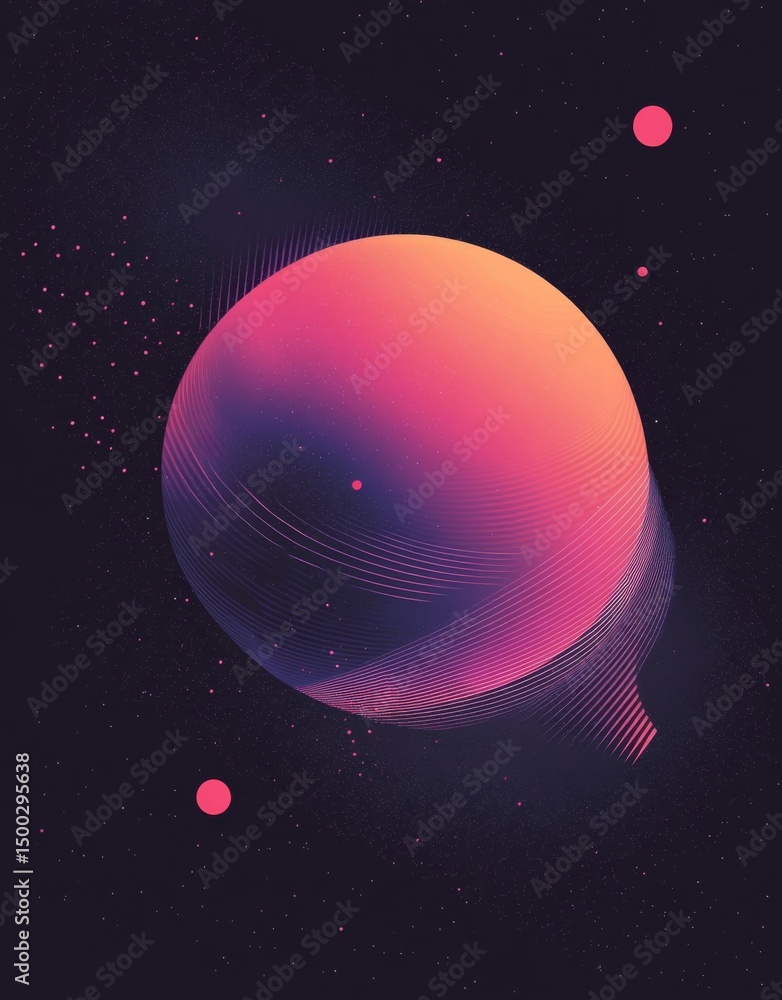 Poster rounded pink sphere and surrounding dots and circles, vector art style with gradient black backgroun