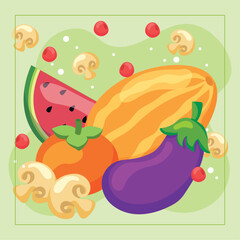 Colorful fruits and veggies mix. Vector