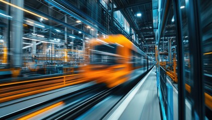 Orange train moving fast through industrial factory