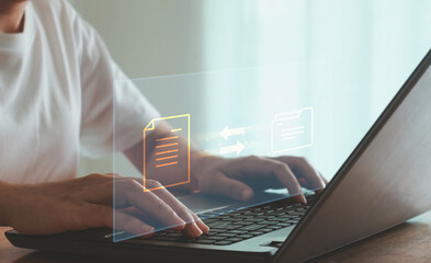 Transfer file data management on cloud database system technology concept. Access to backup copy data, business document storage, upload and download, archive, share, migration online database with AI
