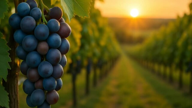 Gros plan sur une grappe de raisin, fond de vignoble au coucher de soleil


