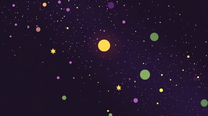 yellow and purple dots on black background and small green star shaped circle