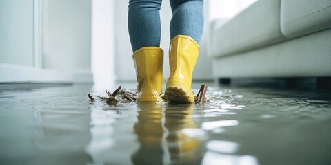 Person in yellow rain boots walks through a flooded home interior
