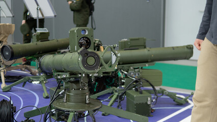 Military Equipment Displayed at an Arms Exhibition Showcases Advanced Anti-Tank Weaponry and...