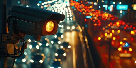 Surveillance camera overlooking a busy night street