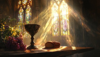 Sunlight streams into a church, illuminating a chalice and bread