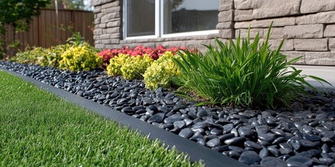 Black stone edging with colorful flowers and green grass