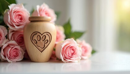 Wooden pet cremation urn with paw print heart design. Roses for pet memorial tribute. Loss, mourning concept with delicate floral arrangement. Tranquil scene for remembrance.