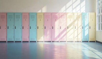 Row of pastel-colored lockers in a sunny school hallway