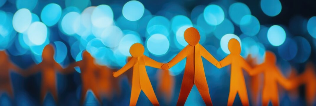 Paper people figures linked together against a backdrop of blurred blue lights