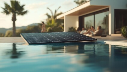 Solar panel floats on a swimming pool, overlooking a house and a garden