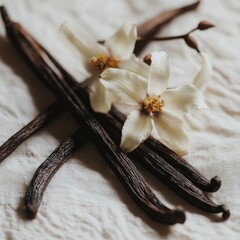 Dark brown vanilla beans crossed, with delicate white blossoms