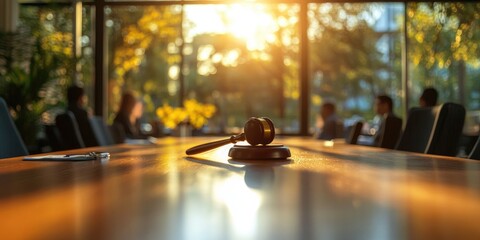 Meeting table with gavel in a sunlit conference room