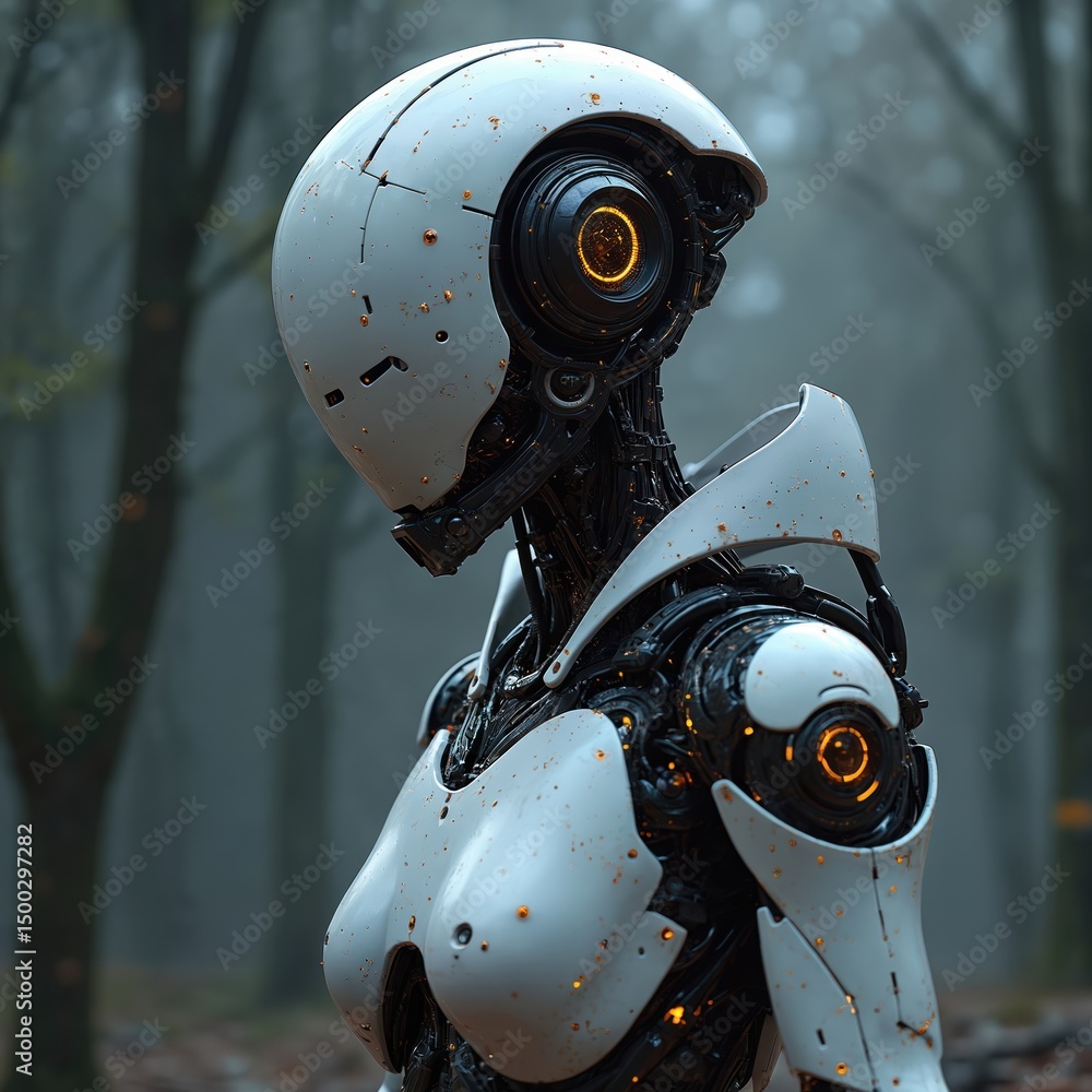 Aufkleber Futuristic cyborg android robot standing in forest. Sci-fi technology concept. AI generated image with detailed mechanical parts. Robotic futuristic design for video games and tech innovations.