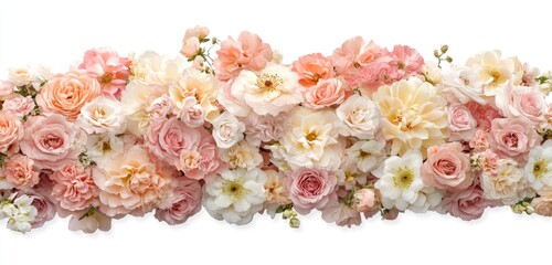 Delicate pastel flowers arranged in a horizontal garland
