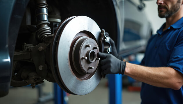 Mechanic changing car brake discs during routine automobile maintenance. Hands in gloves fixing brake system. Auto repair service in garage or workshop. Car wheel repair, vehicle service.
