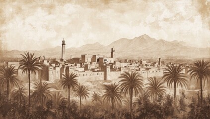 Sepia-toned view of a desert city nestled in a valley, with palm trees and mountains in the background