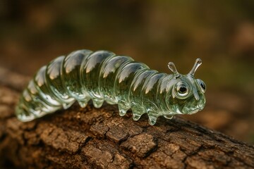 Glass Caterpillar Crawling on Tree Trunk, Delicate Nature Art