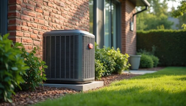 Residential HVAC unit installed in landscaped backyard. Modern air conditioning, heating system exterior setup for home climate control. Energy efficient unit near brick wall, greenery. Residential