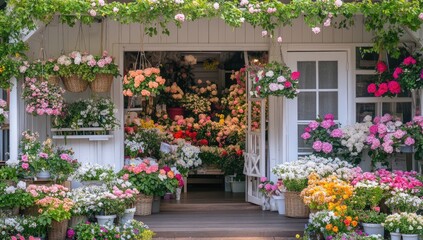 Charming floral shop with white exterior and vibrant blooms