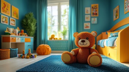 Sunny child's room, blue walls, orange accents, toys scattered, teddy bear in foreground
