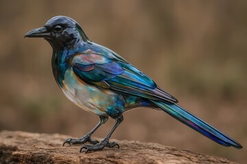 Obraz premium Iridescent magpie standing on a branch with blurred background