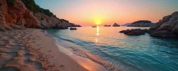 Stunning sunset over Cala dHort beach Ibiza Spain. Calm sea reflects sunlight. Rocks, coastline, serene landscape create idyllic vacation mood. Boat anchored in harbor. No people, travel destination,