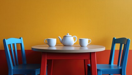 Colorful children's table setting with a white teapot and cups on a red table