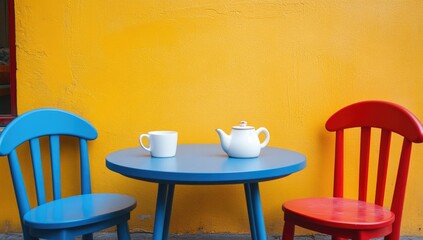 Colorful outdoor cafe table and chairs