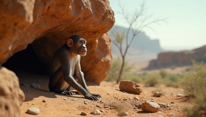Australopithecus afarensis sits under rocky outcrop. Early human ancestor, ancient hominid in natural environment. Prehistoric, primitive life. Survival, evolution, anthropology, history,
