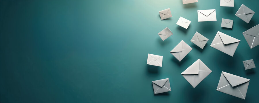 Floating envelopes on teal background represent communication email messaging. Perfect for business communication themes. Virtual email inbox, online service, e-mail marketing, digital media, web