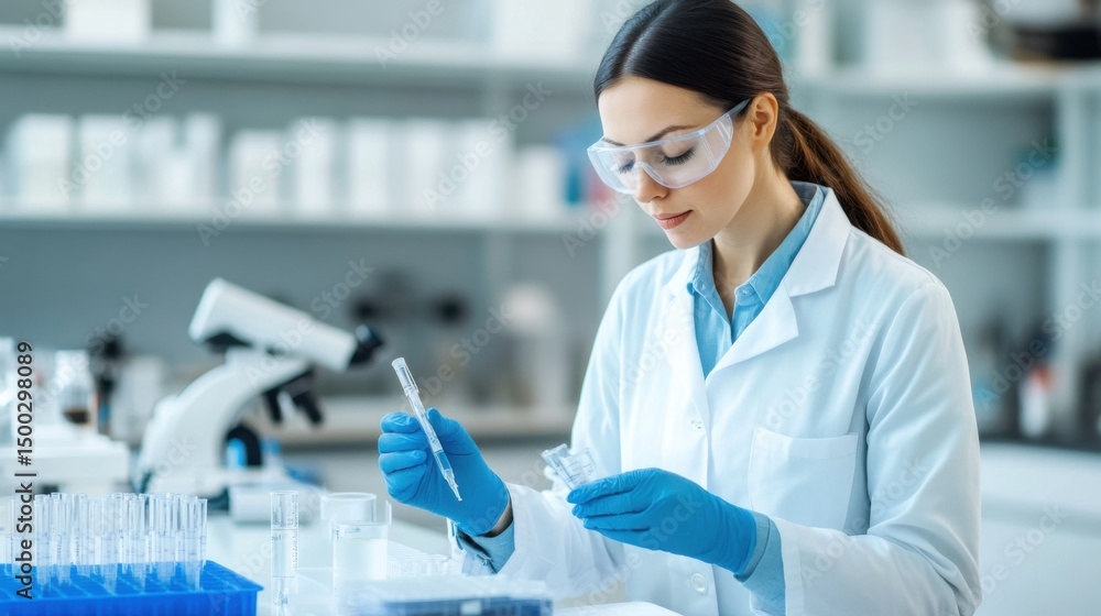 Poster female scientist in lab coat conducting experiment in modern laboratory setting