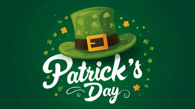 Bright green top hat with clovers and golden buckle above decorative &ldquo;Patrick&rsquo;s Day&rdquo; text surrounded by stars and shamrocks