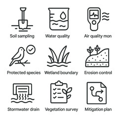 Environmental Icon Set. Outline icon set of environmental assessments: soil sampling, water quality test, air quality monitor,