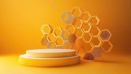 Honeycomb-patterned yellow display podium