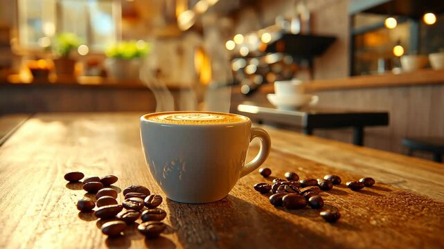 Morning Brew: A steaming cup of freshly brewed coffee sits amidst scattered coffee beans on a rustic wooden table, inviting warmth and relaxation in a cozy cafe setting.