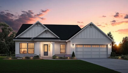 Charming farmhouse home at sunset