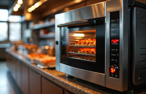 Professional combi oven cooking fresh food, ready for sale. Modern catering equipment with hot temperature regime inside the commercial restaurant kitchen. Restaurant or cafe kitchen with oven.