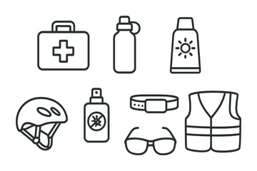 Fototapeta premium Outdoor safety outline icons set – protective gear, emergency, travel essentials