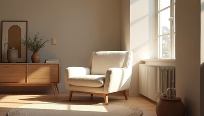 Scandinavian interior design of modern living room with boucle armchair near window. Sunlight, wooden floor, natural decor, minimalist design. Comfortable, cozy home atmosphere.