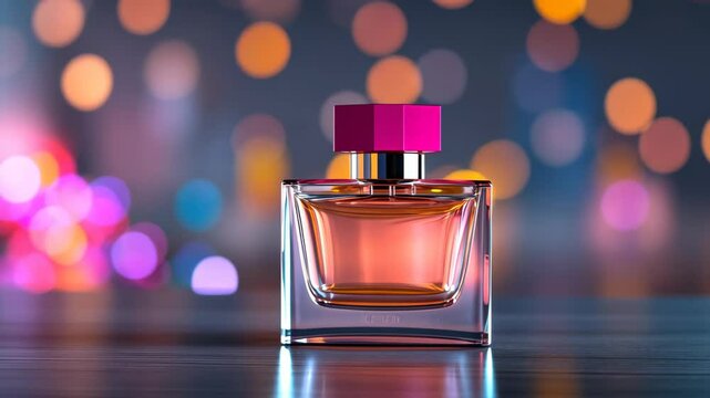 Captivating Fragrance: A beautifully illuminated perfume bottle, poised against a backdrop of soft, blurred lights, embodies the essence of luxury and allure.